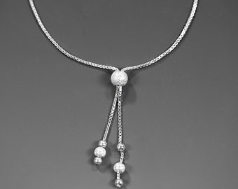 925 Sterling Silver Necklace with textured beads pendant, extendable square rounded chain