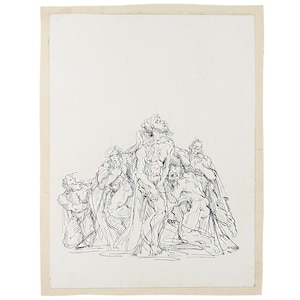 May include: A black and white ink drawing on aged paper depicts a group of figures in a dramatic pose. The figures are rendered with detailed lines, suggesting flowing robes and expressive faces. The artwork evokes a classical or historical theme.