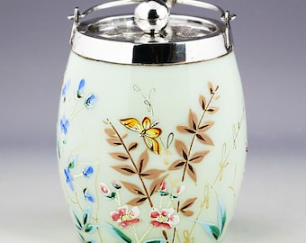 Antique celeste/ teal enameled opaline glass Jam Pot Honey Jar silver plate lid