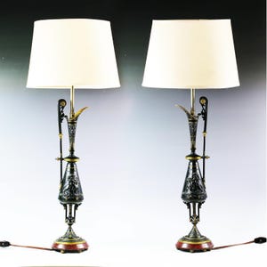 Vintage to antique Bronze Table Lamps on marble Base, slim tall elegant Lamp, Neoclassical Lamps, Lamp with shade, Metal Lamps, Home Decor