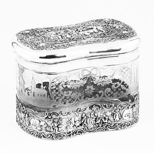 XL Antique German Hanau Box Casket etched crystal glass hinged lid mounted into 800 silver