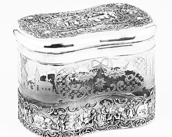 XL Antique German Hanau Box Casket etched crystal glass hinged lid mounted into 800 silver