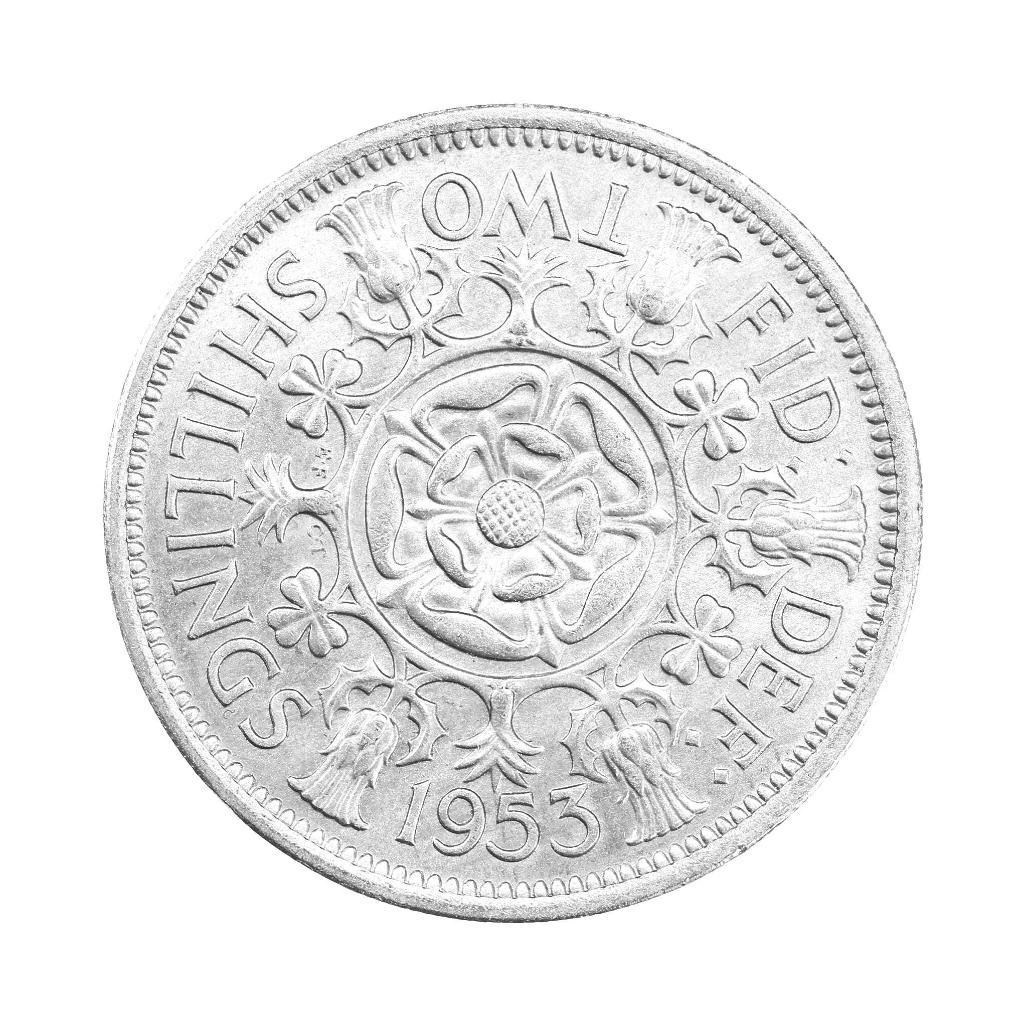 1953 イギリス 2シリング 資産防衛 現物投資 アンティーク 1953年イギリス2シリング硬貨 - エリザベス2世初代肖像画、「BRITT:OMN
