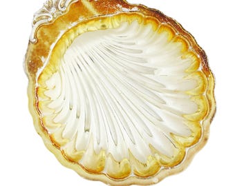 Plato vintage Rogers de plata con forma de concha, ribete dorado, cuenco de tres patas