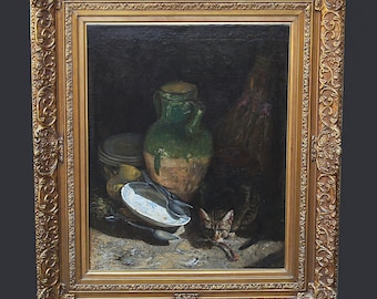 Antique 19thC French Ismael Adolphe Clavel oil canvas painting Still life w/ Cat