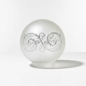 Vintage Frosted Glass Ball Lamp Shade, 6" Spherical Globe, 3" Fitter, Acid Etched Floral Scroll Pattern Replacement