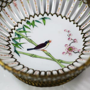 Antique French Porcelain Reticulated Basket with Brass handle, Braided Base, hand painted Bird and Flower