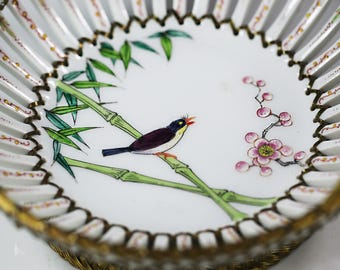 Antique French Porcelain Basket: Hand-Painted Bird & Cherry Blossom, Brass Handle