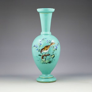 Antique Bohemian turquoise opaline glass Vase Birds and Flower enamel decoration