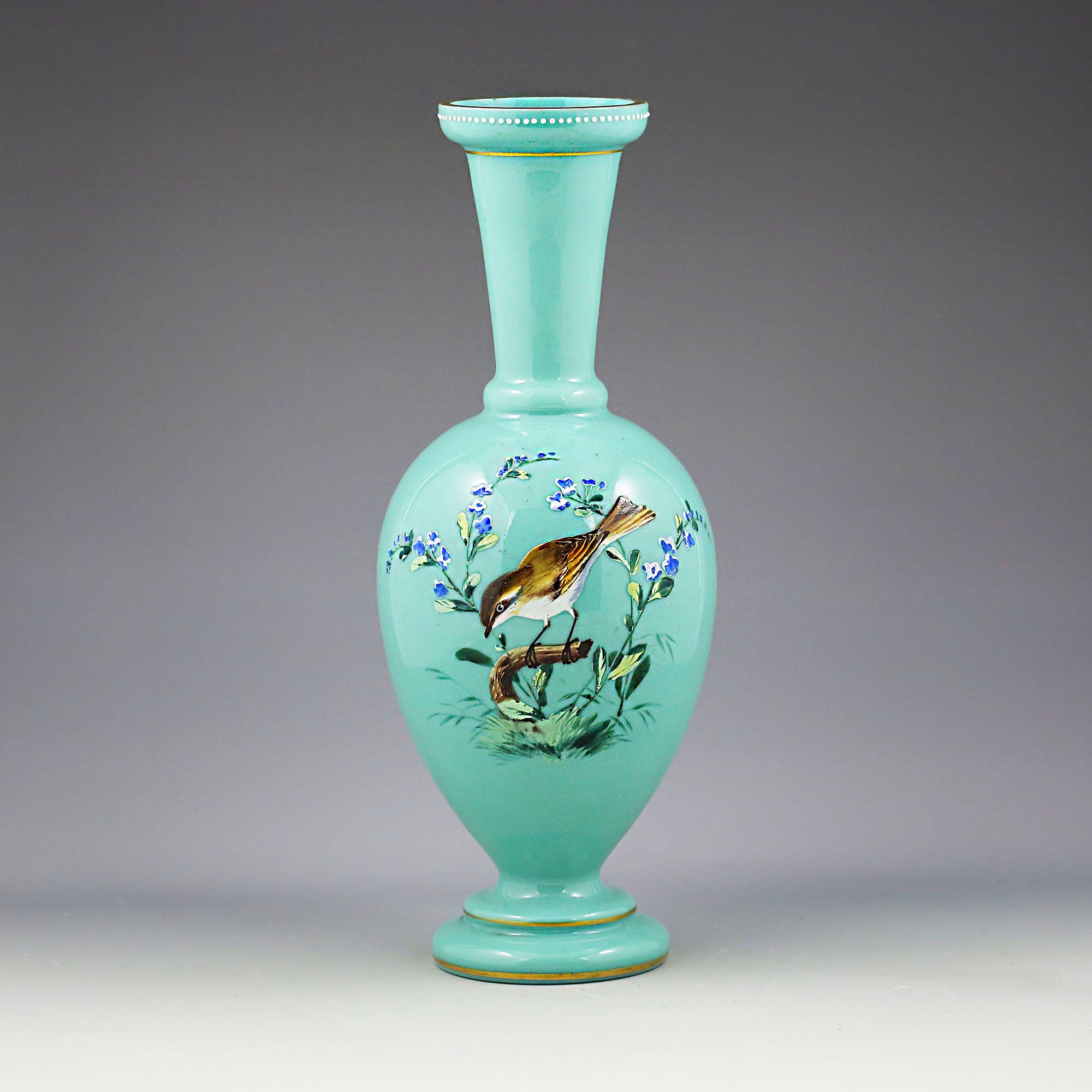 Antique Bohemian Turquoise Opaline Glass Vase Birds and Flower