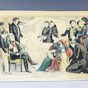 Grande rare gravure antique colorée au pointillé La mort de Napoléon pub.par N.Currier