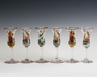 Set of 6 Antique Georgian hand blown & hand painted Sherry Cordial glasses
