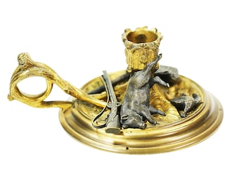 Antique 19thC French Gilt & Patinated Bronze Hunting Chamberstick Candlestick