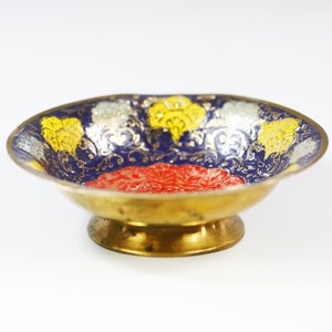 Vintage Enamel Brass Footed Bowl: Peacock Blue Red Gold Design (5.5 in)