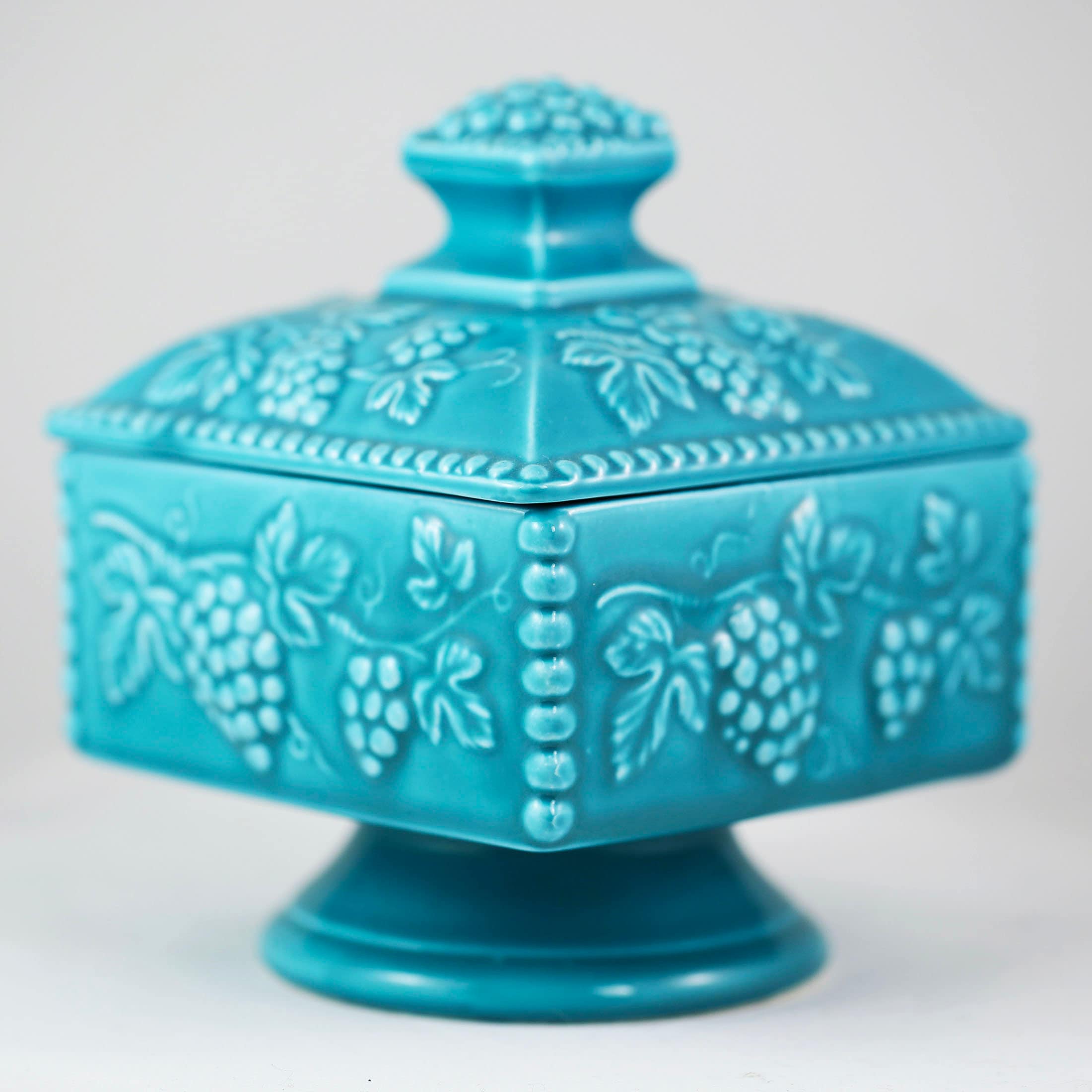Vintage Japan Porcelain Candy Box: Turquoise Lidded Nut Dish With Grape ...