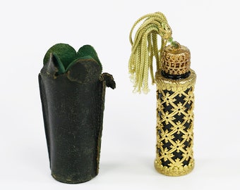 Antique French miniature glass Perfume Bottle set into ornate ormolu mounts