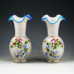 Pair Antique 19thC French white blue crest opaline glass Vases hand painted enamelled flower