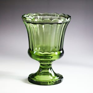 Vintage mid century avocado green glass Chalice Ribbed Goblet with scalloped edge, Pedestal Vase, Urn, Hazel Atlas