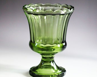 Vintage mid century avocado green glass Chalice Ribbed Goblet with scalloped edge, Pedestal Vase, Urn, Hazel Atlas