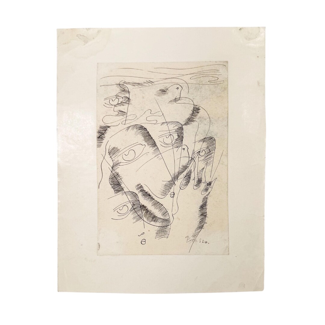 Vintage Surrealist Ink Drawing Faces and Pigeons Signed, Attributed to ...