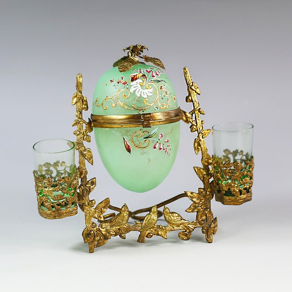 Divine Antique French Napoleon III green opaline Glass Egg Trinket or Jewelry Box in ormolu mounts