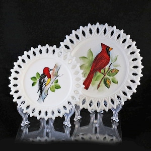 2 Vintage white Opaque Opaline Milk glass PLATEs Hand painted Birds Lace edge