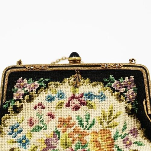 アンティークオーストリアのプチポワン刺繍イブニングクラッチバッグ