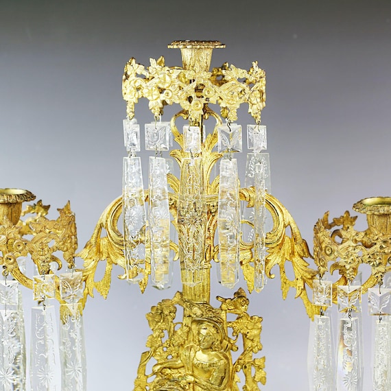 Antique Victorian Girandole Candlesticks: Brass, Crystal Prisms