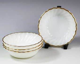4er Set Vintage Feuerkönig Milchweißes opakes Glas Obstpuddingschale Wirbel Goldrand