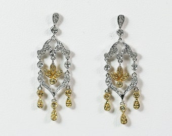 Solid 14K white and yellow gold chandelier drop dangle Earrings w/ Diamonds, Wedding earrings, Gift for Her