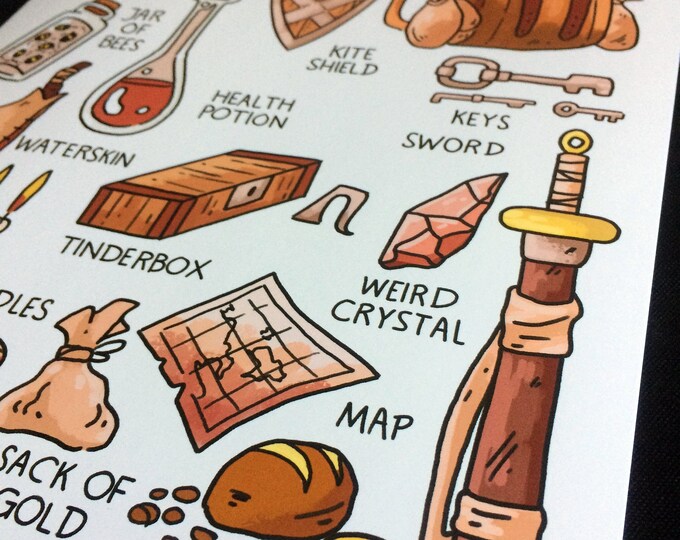 D&amp;D Adventurer's Pack A4 Print // Dnd Gift Class Fantasy Items ...