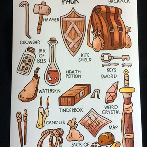 D&amp;D Adventurer's Pack A4 Print // Dnd Gift Class Fantasy Items ...