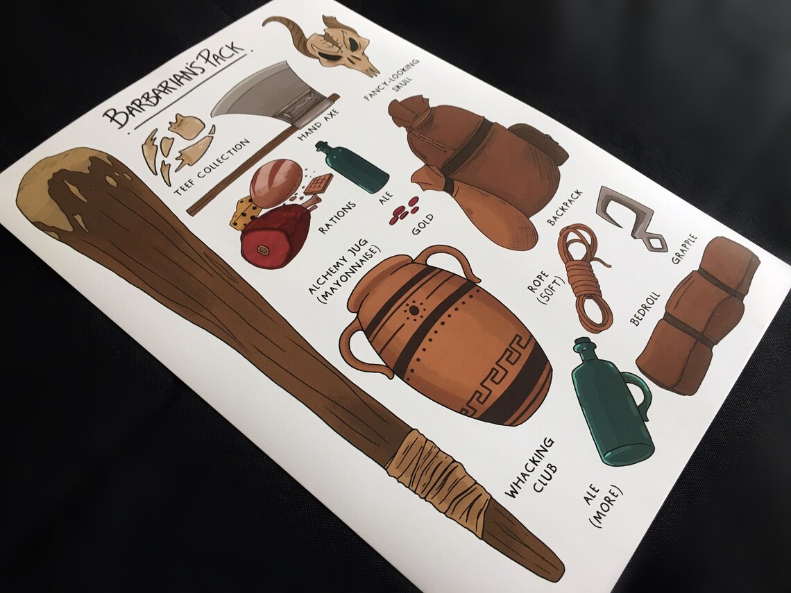 D&D Barbarian's Pack A4 Print // Dnd Gift Class Items // Etsy