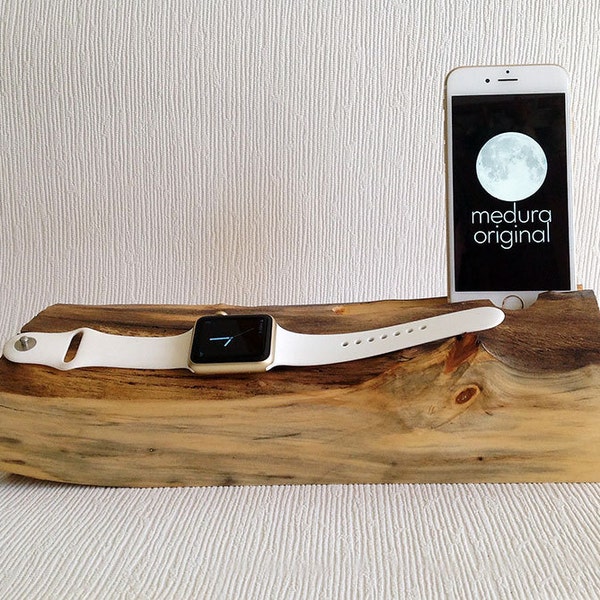 iPhone / Watch #80 ..Medura Original Live Edge Figured Wood Dock for Apple Watch + iPhone 6, 6s, 6s Plus ( and Samsung 6 )