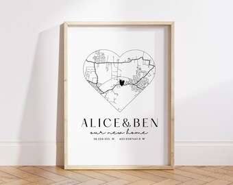 New Home Gift Map Print, New Home Heart Map, Personalised First Home Map, Personalised Housewarming Map Print, New Home Moving Gift Print