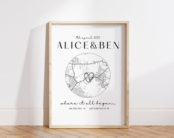 Personalised Anniversary Map Print, Where it all began home map print, Home Map Gift for Anniversary, Christmas Gifts for Him and Her