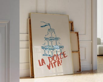 La Dolce Vita Champagne Tower Wall Art Print, Champagne Tower Retro Kitchen Poster, Retro Trendy Aesthetic Print, Preppy Wall Art