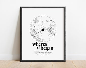 Personalised Anniversary Gift Map Print - Where it all began, Map Gift for Her Wife Girlfriend, Map Gift for Him Husband Boyfriend