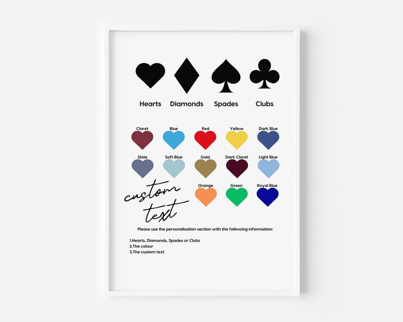 May include: A framed print featuring playing card suits: hearts, diamonds, spades, and clubs. Below, a color chart displays various heart-shaped color swatches. The words "custom text" are written in cursive. The print includes instructions for personalization.