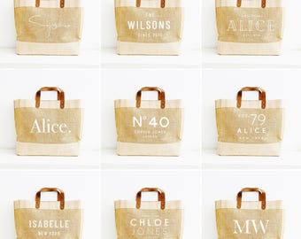 Personalised Tote Bag Birthday Gift Bag, Personalised Natural Jute Shopper With Leather Handles, Personalised Gift for Her, Custom Name Bag