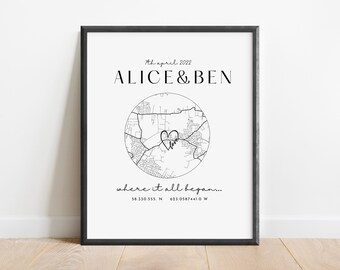 Personalised Anniversary Map Print, Where it all began home map print, Home Map Gift for Anniversary, Christmas Gifts for Him and Her