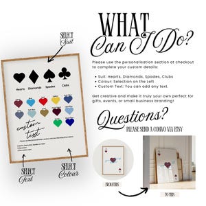 May include: A framed print with a wooden frame, featuring a playing card theme. The print includes options for suit, color, and custom text. Text on the print reads "WHAT Can I Do?" and "Questions?" with instructions for personalization.