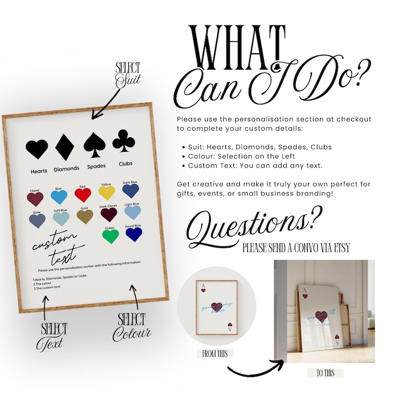 May include: A framed print with a wooden frame, featuring a playing card theme. The print includes options for suit, color, and custom text. Text on the print reads "WHAT Can I Do?" and "Questions?" with instructions for personalization.