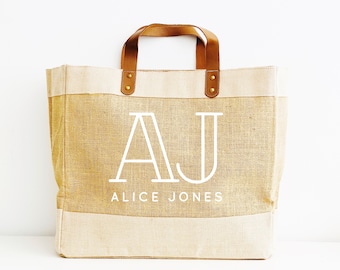 Personalised Jute Shopping Bag | Custom Beach Tote with Leather Handles