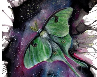 Galaxy Moth Art Print | Girl Space Wall Decor | Luna Moth Art Print | Livingroom art | Scifi illustration | Bug art | Nature print