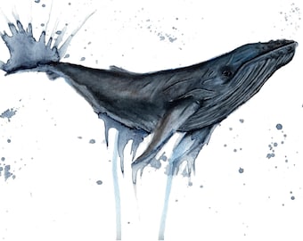 Dipinto ad acquerello di una balena megattera / Stampa artistica nautica per il bagno