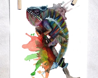 Impression d'art Ambilobe panthère caméléon | Aquarelle | Art de reptile | Dessin lézard | Art psychédélique | Impression d'art pour adolescents | Pour adolescent