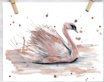 Stampa artistica ad acquerello con cigno / Decorazione murale per la cameretta delle bambine