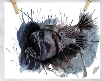 Female Angler Fish Watercolor Art Print | Gothic Deep Sea Creature Wall Art
