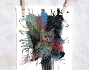 Watercolor Owl Art Print | Galaxy Space Illustration